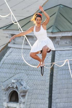 Tightrope walk above the square As part of the Cest is the best street festival, girl Antonia Gasparov walked on a tightrope above Ban Jelacic Square in Zagreb on May 28, 2026 in Croatia.  EmicaxElvedjix PIXSELL