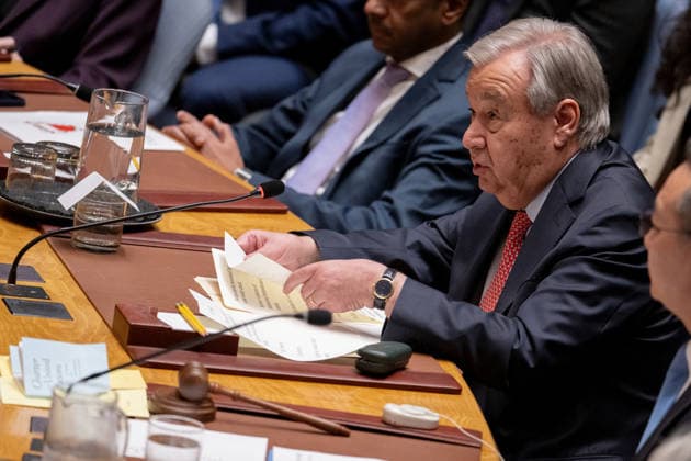 (260528) -- UNITED NATIONS, May 28, 2026 -- UN Secretary-General Antonio Guterres speaks at a Security Council meeting on Ukraine at the UN headquarters in New York, on May 28, 2026. Guterres on Thursday called for immediate and sustained de-escalation of the Ukraine conflict. ( UN Photo Handout via Xinhua) UN-UKRAINE-DE-ESCALATION CALL ManuelxElias 
