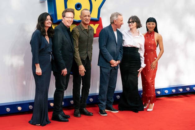 Toy Story 5 UK Launch Event - Arrivals T(L-R) Lindsey Collins, Andrew Stanton, Tom Hanks, Tim Allen, Joan Cusack and Greta Lee attend the Toy Story 5 UK launch event at Odeon Luxe Leicester Square on May 28, 2026 in London, England., Credit:Lounis Tiar Avalon United Kingdom, London  Copyright: xLounisxTiarx xAvalonx 1106358310