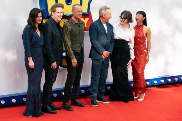 Toy Story 5 UK Launch Event - Arrivals T(L-R) Lindsey Collins, Andrew Stanton, Tom Hanks, Tim Allen, Joan Cusack and Greta Lee attend the Toy Story 5 UK launch event at Odeon Luxe Leicester Square on May 28, 2026 in London, England., Credit:Lounis Tiar Avalon United Kingdom, London  Copyright: xLounisxTiarx xAvalonx 1106358884