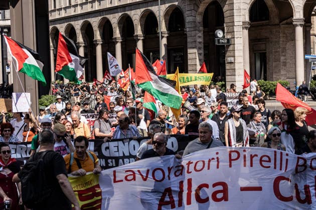 General workers strike in Milan MILAN, ITALY - MAY 29: Hundreds of people holding flags and banners take part in a demonstration against the ongoing wars in Palestine, Lebanon, and Iran, and against public spending on armaments during general workers strike in Milan, Italy, on May 29, 2026. Andrea Carrubba Anadolu Milan Italy. Editorial use only. Please get in touch for any other usage.  Copyright: x2026xAnadoluxAndreaxCarrubbax