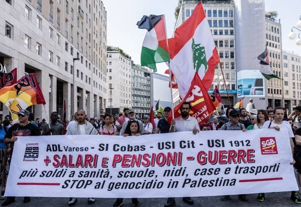 General workers strike in Milan MILAN, ITALY - MAY 29: Hundreds of people holding flags and banners take part in a demonstration against the ongoing wars in Palestine, Lebanon, and Iran, and against public spending on armaments during general workers strike in Milan, Italy, on May 29, 2026. Andrea Carrubba Anadolu Milan Italy. Editorial use only. Please get in touch for any other usage.  Copyright: x2026xAnadoluxAndreaxCarrubbax