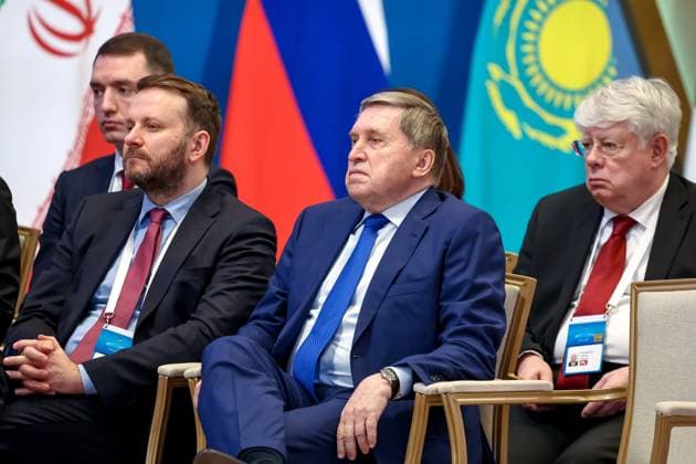 Kazakhstan Supreme Eurasian Economic Council 9176158 29.05.2026 Deputy Chief of Staff of the Russian Presidential Executive Office Maxim Oreshkin, Presidential Aide Yury Ushakov and Russian Ambassador to Kazakhstan Alexei Borodavkin attend an expanded format meeting of the Supreme Eurasian Economic Council (SEEC) at the Palace of Independence in Astana, Kazakhstan. Alexander Kazakov Sputnik Astana Kazakhstan  Copyright: xAlexanderxKazakovx