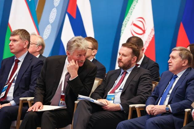 KAZAKHSTAN, ASTANA - MAY 29, 2026: Russia s Economic Development Minister Maxim Reshetnikov, Russian Presidential Press Secretary Dmitry Peskov, Deputy Chief of Staff of the Russian Presidential Executive Office Maxim Oreshkin, Russian Presidential Aide Yuri Ushakov (L-R) attend an expanded meeting of the Supreme Eurasian Economic Council. Alexander Kazakov Russian Presid  93165150