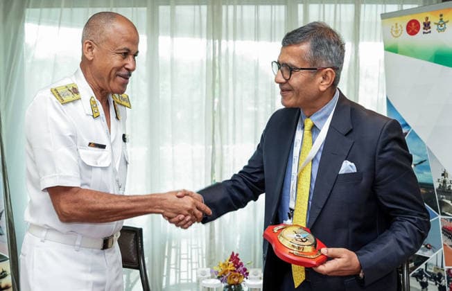 RECORD DATE NOT STATED Defence Secretary Rajesh Kumar Singh interacts with Chief of Defence Forces, Seychelles Armed Forces Major General Micheal Rosette on the sidelines of Shangri-La Dialogue 2026 Singapore, May 29 (ANI): Defence Secretary Rajesh Kumar Singh interacts with Chief of Defence Forces, Seychelles Armed Forces Major General Micheal Rosette on the sidelines of Shangri-La Dialogue 2026, in Singapore on Friday. (@SpokespersonMoD X ANI Photo) Singapore Singapore Copyright: xANIx ANI_20260529106