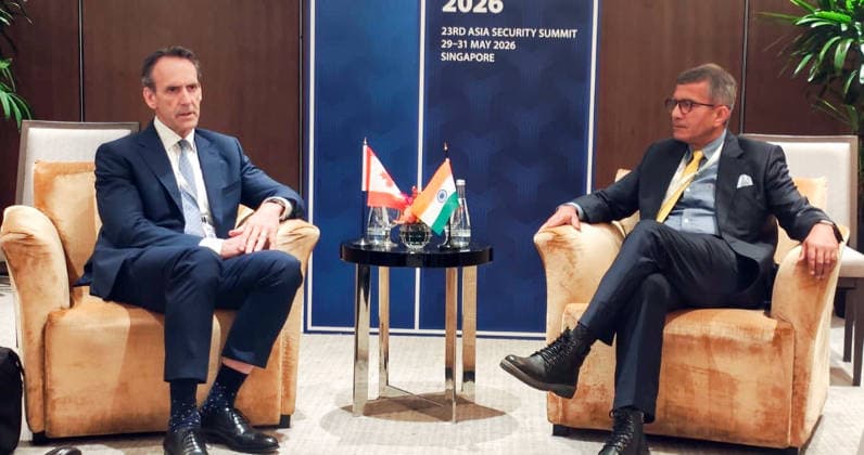 RECORD DATE NOT STATED Defence Secretary Rajesh Kumar Singh interacts with Canada National Defence Senior Associate Deputy Minister Kelvin Brosseau Singapore, May 29 (ANI): Defence Secretary Rajesh Kumar Singh interacts with Canada National Defence Senior Associate Deputy Minister Kelvin Brosseau on the sidelines of Shangri-La Dialogue 2026, in Singapore on Friday.(@SpokespersonMoD X ANI Photo) Singapore Singapore Copyright: xANIx ANI_20260529093
