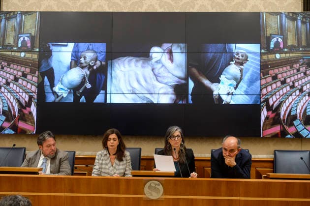 IPA85160294 - Rome Senate presentation of UN special rapporteur s report on the occupied Palestinian territories, pictured Dario Carotenuto Laura Boldrini Francesca Albanese Peppe De Cristofaro in the background images from Gaza  Copyright: xSTEFANOxCAROFEIx xSTEFANOxCAROFEIx xFOTOGRAMMAx 85160294