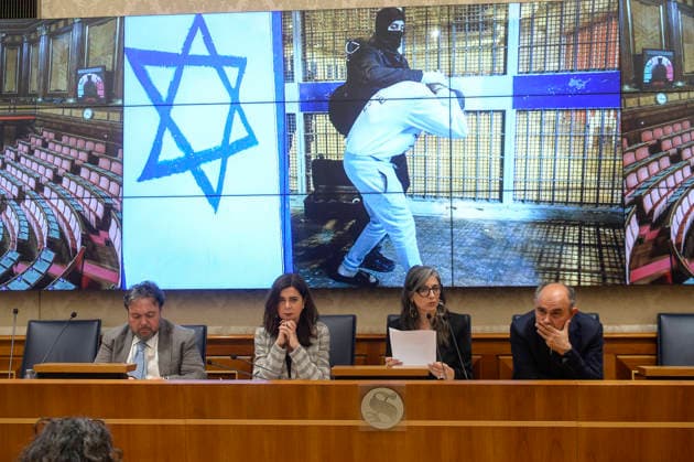 IPA85160297 - Rome Senate presentation of UN special rapporteur s report on the occupied Palestinian territories, pictured Dario Carotenuto Laura Boldrini Francesca Albanese Peppe De Cristofaro in the background pictures from Gaza  Copyright: xSTEFANOxCAROFEIx xSTEFANOxCAROFEIx xFOTOGRAMMAx 85160297