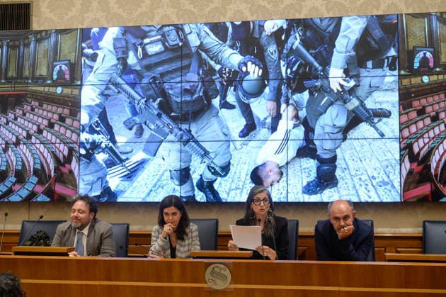IPA85160339 - Rome Senate presentation of UN special rapporteur s report on the occupied Palestinian territories, pictured Dario Carotenuto Laura Boldrini Francesca Albanese Peppe De Cristofaro in the background pictures from Gaza  Copyright: xSTEFANOxCAROFEIx xSTEFANOxCAROFEIx xFOTOGRAMMAx 85160339