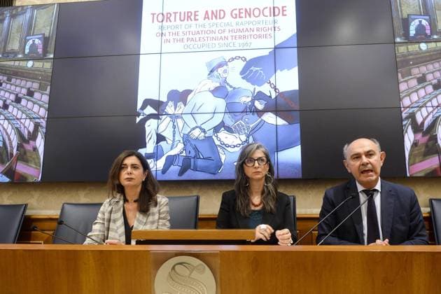 Foto IPP Marco Mattei Roma 29 05 2026 Senato presentazione del rapporto della relatrice speciale ONU sui territori palestinesi occupati, nella foto Laura Boldrini Francesca Albanese Peppe De Cristofaro Italy Photo Press - World Copyright . *** Photo IPP Marco Mattei Rome 29 05 2026 Senate presentation of UN special rapporteurs report on the occupied Palestinian territories, pictured Laura Boldrini Francesca Albanese Peppe De Cristofaro Italy Photo Press World Copyright 
