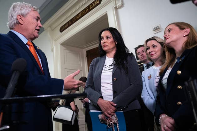Bondi Deposition TW UNITED STATES - MAY 29: Chairman James Comer, R-Ky., talks with Jeffrey Epstein survivors from left, Sharlene Rochard, Dani Bensky, and Liz Stein, before former Attorney General Pam Bondi sat for a House Oversight and Government Reform Committee deposition about the Epstein files, in Rayburn building on Friday, May 29, 2026. (Tom Williams CQ Roll Call) Washington DC United States EDITORIAL USE ONLY Copyright: x2026xCQ-RollxCall,xInc.x TomxWilliamsx rollcallpix171252