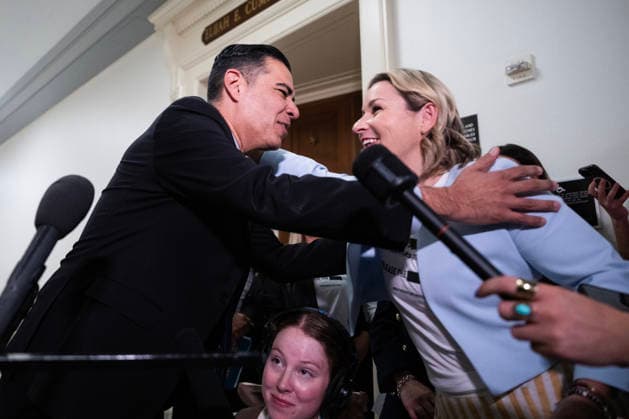 Bondi Deposition TW UNITED STATES - MAY 29: Ranking member Rep. Robert Garcia, D-Calif., greet Jeffrey Epstein survivor Dani Bensky before former Attorney General Pam Bondi sat for a House Oversight and Government Reform Committee deposition about the Epstein files, in Rayburn building on Friday, May 29, 2026. (Tom Williams CQ Roll Call) Washington DC United States EDITORIAL USE ONLY Copyright: x2026xCQ-RollxCall,xInc.x TomxWilliamsx rollcallpix171255
