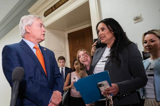 Bondi Deposition TW UNITED STATES - MAY 29: Chairman James Comer, R-Ky., talks with Jeffrey Epstein survivor Sharlene Rochard and Dani Bensky, far right, before Attorney General Pam Bondi sat for a House Oversight and Government Reform Committee deposition about the Jeffrey Epstein files on Friday, May 29, 2026. (Tom Williams CQ Roll Call) Washington DC United States EDITORIAL USE ONLY Copyright: x2026xCQ-RollxCall,xInc.x TomxWilliamsx rollcallpix171256