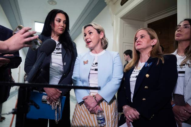 Bondi Deposition TW UNITED STATES - MAY 29: Jeffrey Epstein survivors from left, Sharlene Rochard, Dani Bensky, Liz Stein, and Marina Lacerda, talk with reporters before former Attorney General Pam Bondi sat for a House Oversight and Government Reform Committee deposition about the Epstein files, in Rayburn building on Friday, May 29, 2026. (Tom Williams CQ Roll Call) Washington DC United States EDITORIAL USE ONLY Copyright: x2026xCQ-RollxCall,xInc.x TomxWilliamsx rollcallpix171259