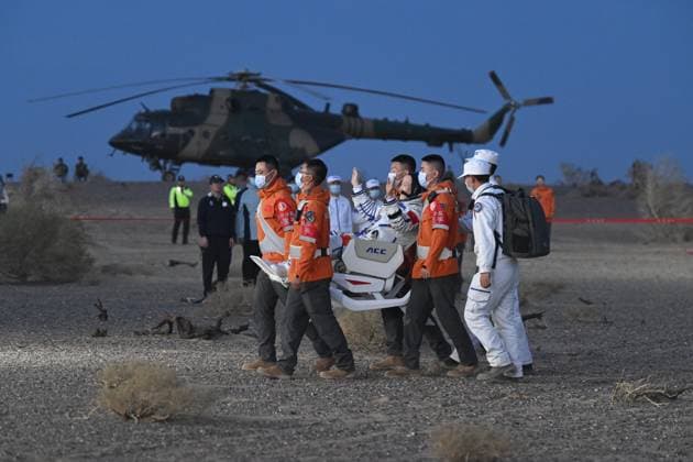 ALXA, CHINA - MAY 29: Astronaut Zhang Hongzhang exits the Shenzhou-22 spacecraft after landing at the Dongfeng Landing Site on May 29, 2026 in Alxa League, Inner Mongolia of China. The Shenzhou-21 crew completed their return mission successfully.  Copyright: xVCGx 111644904192