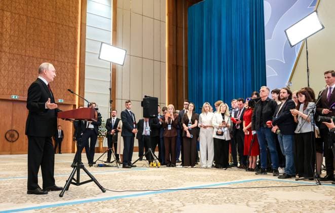 Kazakhstan Supreme Eurasian Economic Council 9176315 29.05.2026 Russian President Vladimir Putin talks to reporters following his visit to Kazakhstan at the Palace of Independence in Astana, Kazakhstan. Alexander Kazakov Sputnik Astana Kazakhstan  Copyright: xAlexanderxKazakovx