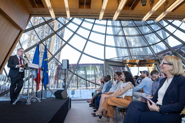 Welcoming Ceremony for French Citizenship At Eiffel Tower - Paris Marie-Pierre Vedrenne (Minister Delegate to the Minister of the Interior, in charge of Citizenship) listens the speech of Patrick Branco-Ruivo at the Tour Eiffel, for welcoming ceremony for French citizenship chaired by Mrs.Marie Pierre Vedrenne, Minister Delegate to the Minister of the Interior, in charge of Citizenship Paris, France May 29, 2026. Photo by Franck Derouda ABACAPRESS.COM Paris Eiffel Tower France  Copyright: xFranckxDerouda ABACAx