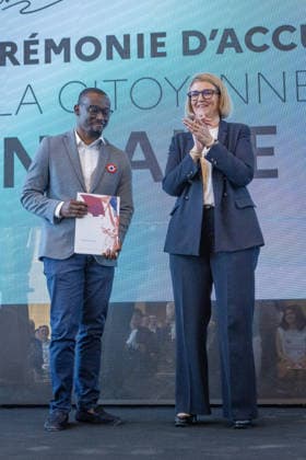 Welcoming Ceremony for French Citizenship At Eiffel Tower - Paris Marie-Pierre Vedrenne (Minister Delegate to the Minister of the Interior, in charge of Citizenship) gives the certificate for obtaining citizenship at the Tour Eiffel, for welcoming ceremony for French citizenship chaired by Mrs.Marie Pierre Vedrenne, Minister Delegate to the Minister of the Interior, in charge of Citizenship Paris, France May 29, 2026. Photo by Franck Derouda ABACAPRESS.COM Paris Eiffel Tower France  Copyright: xFranckxDerouda ABACAx
