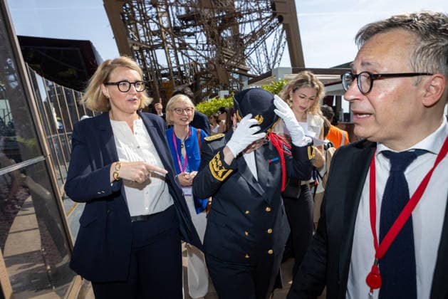 Welcoming Ceremony for French Citizenship At Eiffel Tower - Paris Marie-Pierre Vedrenne (Minister Delegate to the Minister of the Interior, in charge of Citizenship) and Patrick Branco-Ruivo (Director of the Eiffel tower) and Mireille Larrede (Prefect delegate for immagration) at the Tour Eiffel, for welcoming ceremony for French citizenship chaired by Mrs.Marie Pierre Vedrenne, Minister Delegate to the Minister of the Interior, in charge of Citizenship Paris, France May 29, 2026. Photo by Franck Derouda ABACAPRESS.COM Paris Eiffel Tower France  Copyright: xFranckxDerouda ABACAx