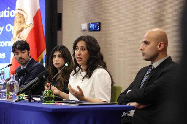 May 29, 2026, Brussels, Belgium: Rana Rahmanfard, a postgraduate in applied linguistics and member of the Anglo-Iranian youth committee, gestures while speaking at the panel. Representatives of Iranian youth communities from across Europe gathered for a press conference in Brussels titled Iran: Wave of Political Executions The EU™s Responsibility & Policy Options. During the event, human rights activists and youth association leaders presented a joint statement signed by over 1,000 young Iranians calling on the European Union to halt political executions in Iran, recognize the Iranian people s right to democratic change, and support the upcoming international demonstration in Paris on June 20. Brussels Belgium  - ZUMAs197 20260529_aaa_s197_152 Copyright: xSiavoshxHosseinix