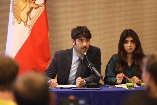 May 29, 2026, Brussels, Belgium: Soroush Aboutalebi, a political science graduate and president of the youth association in Brussels, speaks into a microphone at the head table. Representatives of Iranian youth communities from across Europe gathered for a press conference in Brussels titled Iran: Wave of Political Executions The EU™s Responsibility & Policy Options. During the event, human rights activists and youth association leaders presented a joint statement signed by over 1,000 young Iranians calling on the European Union to halt political executions in Iran, recognize the Iranian people s right to democratic change, and support the upcoming international demonstration in Paris on June 20. Brussels Belgium - ZUMAs197 20260529_aaa_s197_163 Copyright: xSiavoshxHosseinix