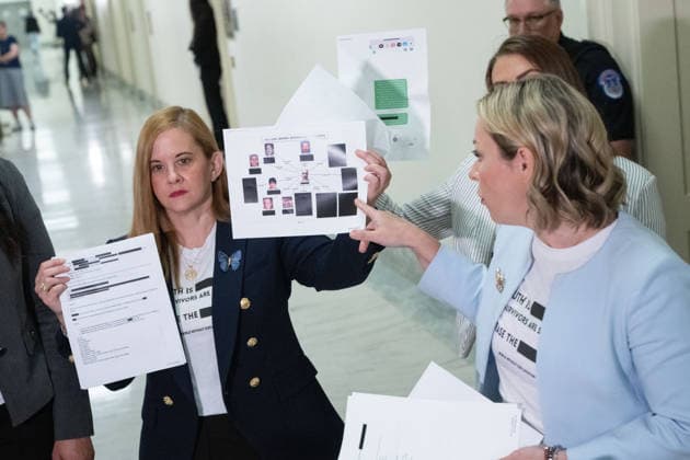 Survivors of Jeffrey Epstein s sex trafficking ring hold redacted documents from the Epstein files outside of a closed-door House Oversight Committee hearing in the Rayburn House Office Building near the U.S. Capitol in Washington, DC on Friday, May 29, 2026. Former Attorney General Pam Bondi is delivering closed testimony on the Department of Justice s handling of the Jeffrey Epstein files.  WAP20260529093 AARONxSCHWARTZ