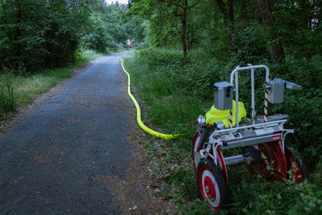 Waldbrand bei Weiterstadt Am 29.05.2026 ist in Weiterstadt-Gräfenhausen westlich der Autobahn A5 ein Waldbrand ausgebrochen. Betroffen war eine rund 900 Quadratmeter große Waldfläche zwischen der Raststätte Gräfenhausen West und dem angrenzenden Steinrodsee. 106 Einsatzkräfte mit 20 Löschfahrzeugen waren vor Ort. Die Feuerwehr brachte den Brand unter Kontrolle und verhinderte eine Ausdehnung auf angrenzende Waldbereiche. Die Nachlöscharbeiten dauerten bis in die Abendstunden an. Weiterstadt Gräfenhausen Hessen Deutschland *** Forest fire near Weiterstadt On 29 05 2026, a forest fire broke out in Weiterstadt Gräfenhausen west of the A5 freeway It affected a forest area of around 900 square meters between the Gräfenhausen West servic