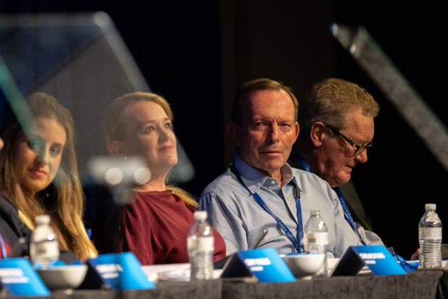 LIBERAL FEDERAL COUNCIL MEETING, Federal Liberal Party president Tony Abbott during the 65th Federal Council of the Liberal Party of Australia in Melbourne, Saturday, May 30, 2026. Delegates from all states and territories will attend the two-day Liberal Party Federal Council, where former prime minister Tony Abbott s appointment as the next federal Liberal Party president is expected to be confirmed. ( NO ARCHIVING MELBOURNE VICTORIA AUSTRALIA  Copyright: xJAYxKOGLERx 20260530182830681915