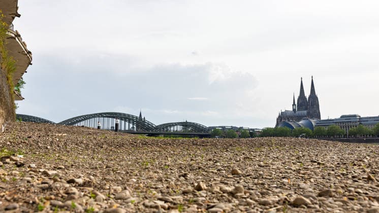 Niedrigwasser in Köln 29.05.2026 Niedrigwasser am Rhein in Köln-Deutz: Bei einem Rheinpegel von 148 cm am Pegel Köln ist das rechtsrheinische Ufer großflächig trockengefallen. Der niedrige Wasserstand legt Kies- und Sandflächen frei; im Hintergrund sind der Kölner Dom und die Hohenzollernbrücke zu sehen. Köln Deutz Nordrhein-Westfalen Deutschland *** Low water in Cologne 29 05 2026 Low water on the Rhine in Cologne Deutz At a Rhine level of 148 cm at the Cologne gauge, the right bank of the Rhine has dried out over a large area The low water level exposes gravel and sand areas Cologne Cathedral and the Hohenzollern Bridge can be seen in the background Cologne Deutz North Rhine-Westphalia Germany Copyright: xMarcxJohnx