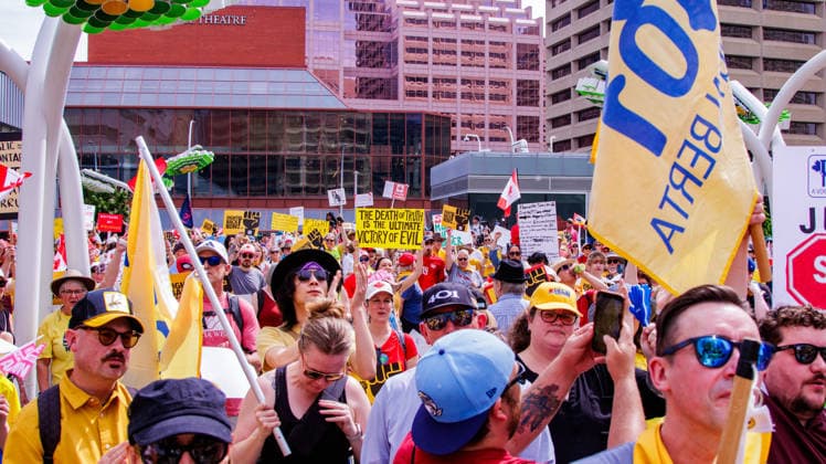 Fight Back Rally in Downtown Edmonton, Canada - 29 May 2026 A crowd of protesters march through the streets of Downtown Edmonton to protest the actions of the Provincial United Conservative Party Government. Downtown Edmonton Canada Copyright: xRonxPalmerx xSOPAxImagesx 2026_05_29Fightbackrally825286