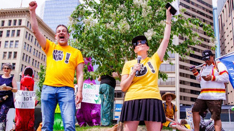 Fight Back Rally in Downtown Edmonton, Canada - 29 May 2026 Gil McGowan (L) and Cori Longo (R) sire up the crowd at a demonstration March through the streets of Downtown Edmonton to protest the Actions of the Provincial United Conservative Party Government. Downtown Edmonton Canada Copyright: xRonxPalmerx xSOPAxImagesx 2026_05_29Fightbackrally825283