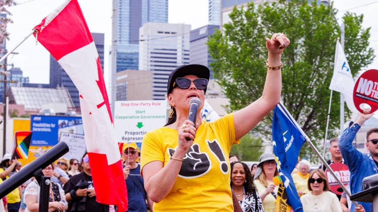 Fight Back Rally in Downtown Edmonton, Canada - 29 May 2026 Alberta Federation of Labour Secretary Cori Longo addresses a demonstration march through the streets of Downtown Edmonton to protest the Actions of the Provincial United Conservative Party Government. Downtown Edmonton Canada Copyright: xRonxPalmerx xSOPAxImagesx 2026_05_29Fightbackrally825708