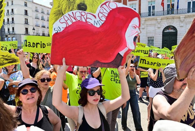 May 30, 2026, Madrid, Madrid, SPAIN: Participants attend the Madrid Without Hunting demonstration held in Callao Square, Madrid, advocating for wildlife protection and promoting urban spaces free from hunting activities. Madrid SPAIN - ZUMAz108 20260530_znp_z108_021 Copyright: xRichardxZubelzux