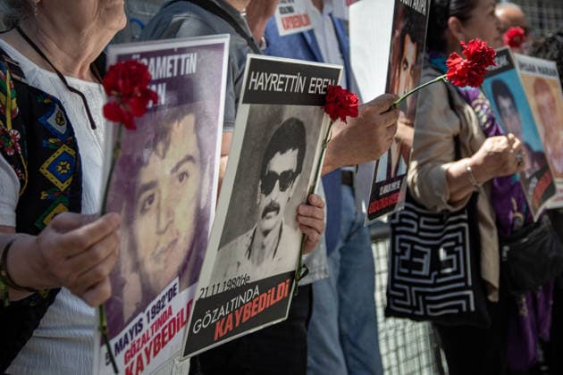 May 30, 2026, Istanbul, Istanbul, Turkey: Relatives of victims of enforced disappearances gather during the 1105th weekly vigil of the Saturday Mothers at Galatasaray Square in Istanbul, Turkey, on May 30, 2026. Families spent another holiday searching for answers about their missing loved ones and demanding truth, justice, and accountability. During a press statement, participants asked authorities to clarify the fate and whereabouts of those who disappeared in custody and reiterated their call for an end to impunity. The Saturday Mothers have continued their peaceful struggle for decades to uncover the fate of forcibly disappeared individuals in Turkey. Istanbul Turkey - ZUMAt171 20260530_zip_t171_025 Copyright: xAbdullahxTepelix