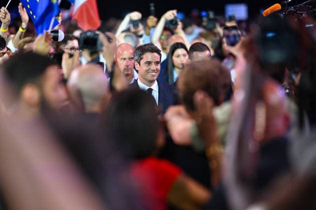 Gabriel Attal Meeting in Paris - France Gabriel Attal the 2027 presidential candidate for the Horizon political party delivering a speech to his audience with the slogan the power to act displayed on his lectern during the launch of his campaign in Paris in France on May 30, 2026. Photo by Franck Castel ABACAPRESS.COM Paris France  Copyright: xCastelxFranck ABACAx