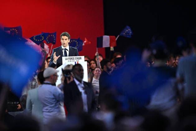 Gabriel Attal Meeting in Paris - France Gabriel Attal the 2027 presidential candidate for the Horizon political party delivering a speech to his audience with the slogan the power to act displayed on his lectern during the launch of his campaign in Paris in France on May 30, 2026. Photo by Franck Castel ABACAPRESS.COM Paris France  Copyright: xCastelxFranck ABACAx