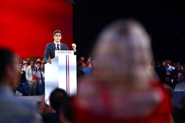 Gabriel Attal Meeting in Paris - France Gabriel Attal the 2027 presidential candidate for the Horizon political party delivering a speech to his audience with the slogan the power to act displayed on his lectern during the launch of his campaign in Paris in France on May 30, 2026. Photo by Franck Castel ABACAPRESS.COM Paris France  Copyright: xCastelxFranck ABACAx