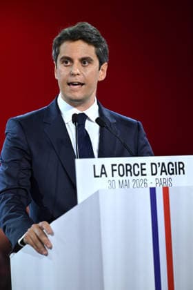 Gabriel Attal Meeting in Paris - France Gabriel Attal the 2027 presidential candidate for the Horizon political party delivering a speech to his audience with the slogan the power to act displayed on his lectern during the launch of his campaign in Paris in France on May 30, 2026. Photo by Franck Castel ABACAPRESS.COM Paris France  Copyright: xCastelxFranck ABACAx