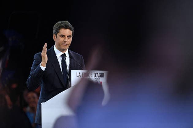 Gabriel Attal Meeting in Paris - France Gabriel Attal the 2027 presidential candidate for the Horizon political party delivering a speech to his audience with the slogan the power to act displayed on his lectern during the launch of his campaign in Paris in France on May 30, 2026. Photo by Franck Castel ABACAPRESS.COM Paris France  Copyright: xCastelxFranck ABACAx