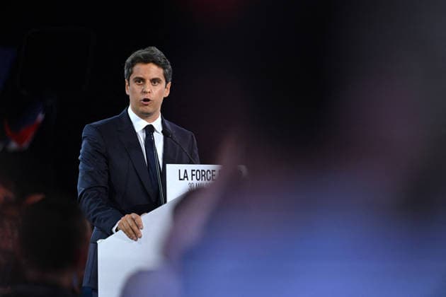 Gabriel Attal Meeting in Paris - France Gabriel Attal the 2027 presidential candidate for the Horizon political party delivering a speech to his audience with the slogan the power to act displayed on his lectern during the launch of his campaign in Paris in France on May 30, 2026. Photo by Franck Castel ABACAPRESS.COM Paris France  Copyright: xCastelxFranck ABACAx