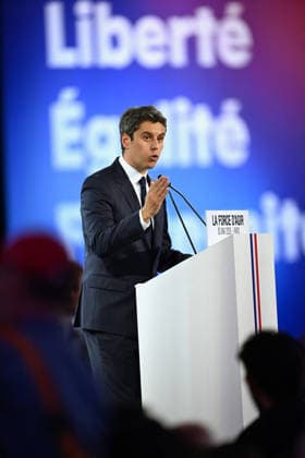 Gabriel Attal Meeting in Paris - France Gabriel Attal the 2027 presidential candidate for the Horizon political party delivering a speech to his audience with the slogan the power to act displayed on his lectern during the launch of his campaign in Paris in France on May 30, 2026. Photo by Franck Castel ABACAPRESS.COM Paris France  Copyright: xCastelxFranck ABACAx