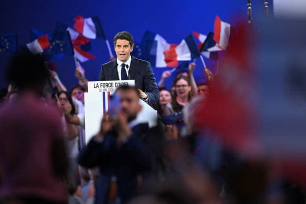 Gabriel Attal Meeting in Paris - France Gabriel Attal the 2027 presidential candidate for the Horizon political party delivering a speech to his audience with the slogan the power to act displayed on his lectern during the launch of his campaign in Paris in France on May 30, 2026. Photo by Franck Castel ABACAPRESS.COM Paris France  Copyright: xCastelxFranck ABACAx