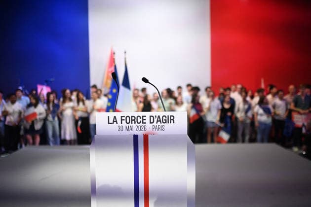 Gabriel Attal Meeting in Paris - France Gabriel Attal the 2027 presidential candidate for the Horizon political party delivering a speech to his audience with the slogan the power to act displayed on his lectern during the launch of his campaign in Paris in France on May 30, 2026. Photo by Franck Castel ABACAPRESS.COM Paris France  Copyright: xCastelxFranck ABACAx