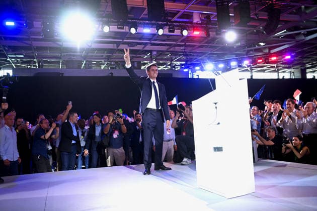 Gabriel Attal Meeting in Paris - France Gabriel Attal the 2027 presidential candidate for the Horizon political party delivering a speech to his audience with the slogan the power to act displayed on his lectern during the launch of his campaign in Paris in France on May 30, 2026. Photo by Franck Castel ABACAPRESS.COM Paris France  Copyright: xCastelxFranck ABACAx