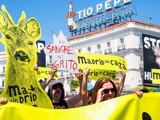 May 30, 2026, Madrid, Madrid, Spain: MADRID, SPAIN - MAY 30: Animal rights groups march through the center of Madrid to Puerta del Sol, demanding an end to hunting practices in Spain. Madrid Spain - ZUMAh199 20260530_zip_h199_003 Copyright: xAaronxHerediax