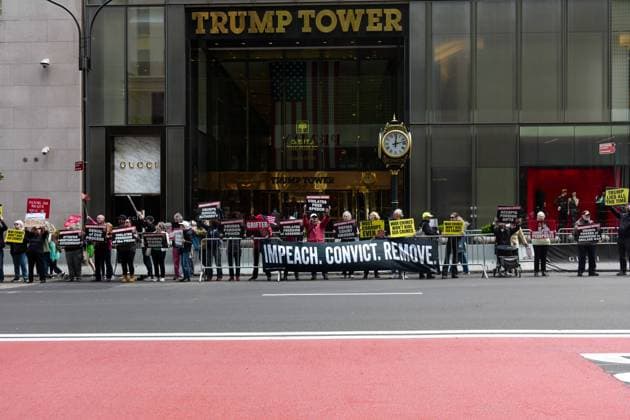 New York, NY- May 30: Activist Group Rise and Resist Protest in Front of Trump Tower Fifth Ave to Impeach, Convict, and Remove President of USA Donald J. Trump. Demonstrators chant People Rising Up, Trump Coming Down on May 30, 2026 Copyright: xAdMediax MediaPunchx