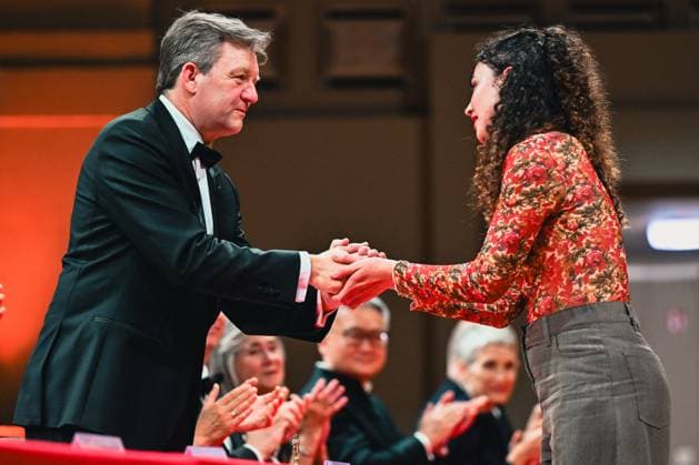 President of the jury Gilles Ledure and Clara Dietlin of France pictured after the final of the 2026 Queen Elisabeth Cello Competition, at the Brussels Bozar concert hall, Saturday 30 May 2026. This year s edition of the competition for career-starting musicians takes place from 4 to 30 May.  EMILExWINDAL 175512753