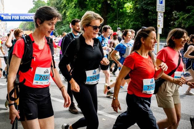 Queen Mathilde of Belgium pictured in action during the 46th edition of the Brussels 20km run, Sunday 31 May 2026 in Brussels.  JASPERxJACOBS 1078052541st