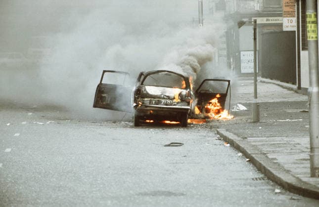File - The Troubles - Civil War in Northern Ireland File - A car bomb destroyed by British police is seen in the Catholic city centre of Belfast, Northern Ireland, in 1973 during the Troubles. Photo by Marc Charuel ABACAPRESS.COM Belfast Ireland  Copyright: xMarcxCharuel ABACAx