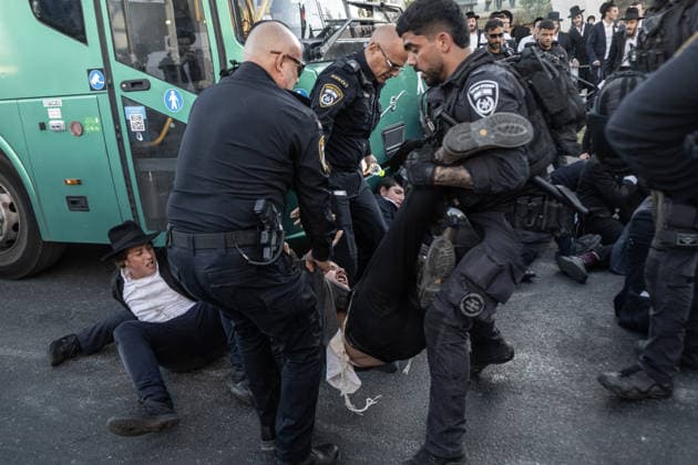 Ultra-Orthodox Jews protest mandatory military service in Jerusalem JERUSALEM - JUNE 1: Israeli police use stun grenades and mounted units to disperse ultra-Orthodox Jewish (Haredi) demonstrators protesting the detention of draft resisters and mandatory military service in West Jerusalem on June 1, 2026. Gathering at the Hamitarim Bridge, a major junction in the city, protesters condemned the arrest of nine Haredi men in Beit Shemesh a day earlier and blocked traffic, causing major disruptions before police moved to clear the roadway. Mostafa Alkharouf Anadolu Jerusalem Israel. Editorial use only. Please get in touch for any other usage.  Copyright: x2026xAnadoluxMostafaxAlkharoufx
